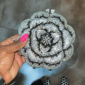 Crystal Embellished Floral Clutch – Silver and Black
